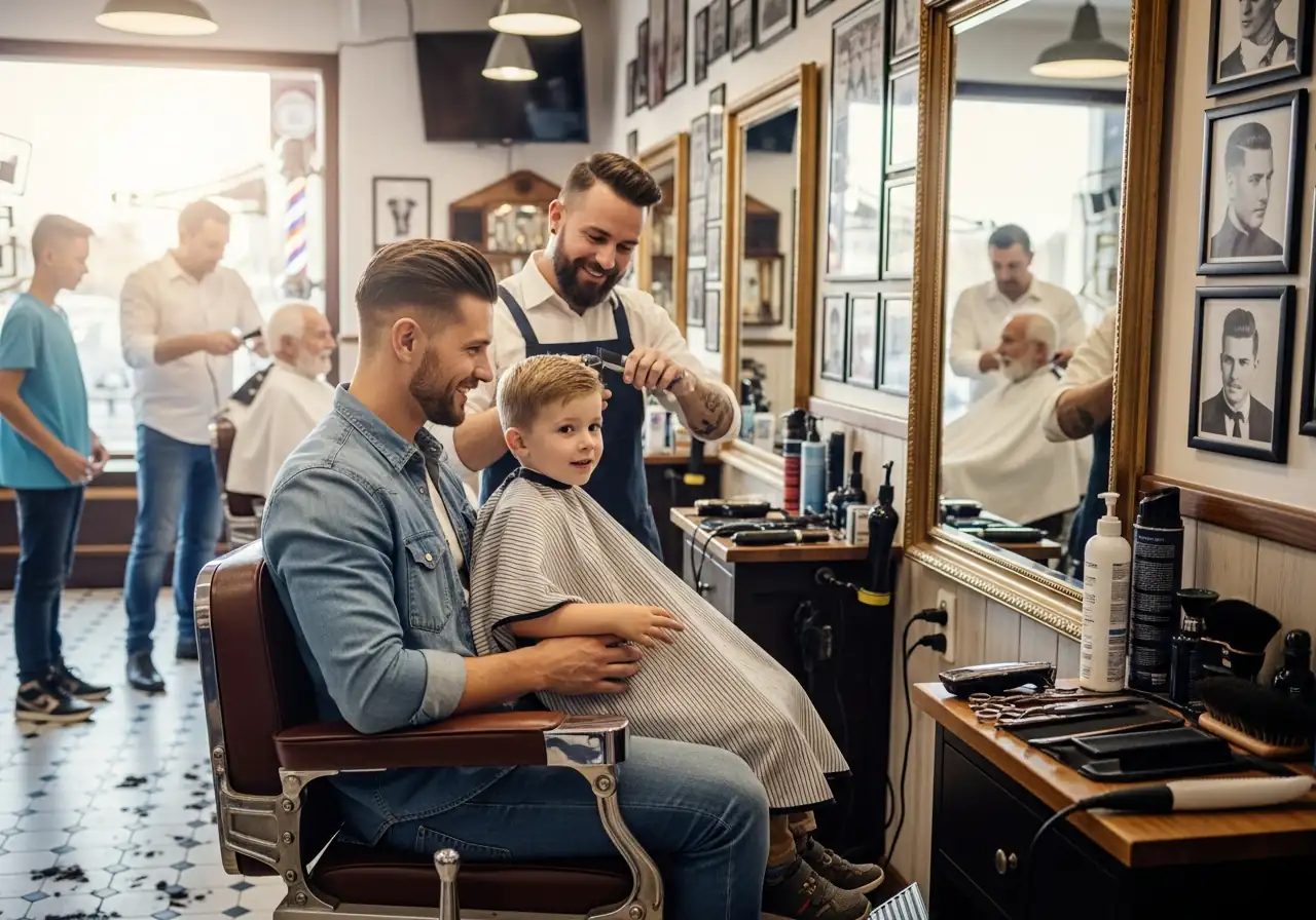 Father and son enjoying a haircut visit at Gentlemens HQ family barbershop in Alpharetta GA